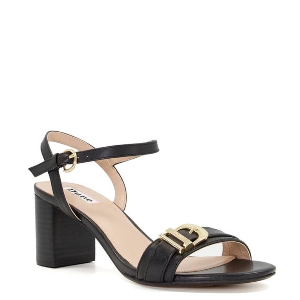 Dune London Black Leather Block‎ Heel Sandals with Gold Hardware 39